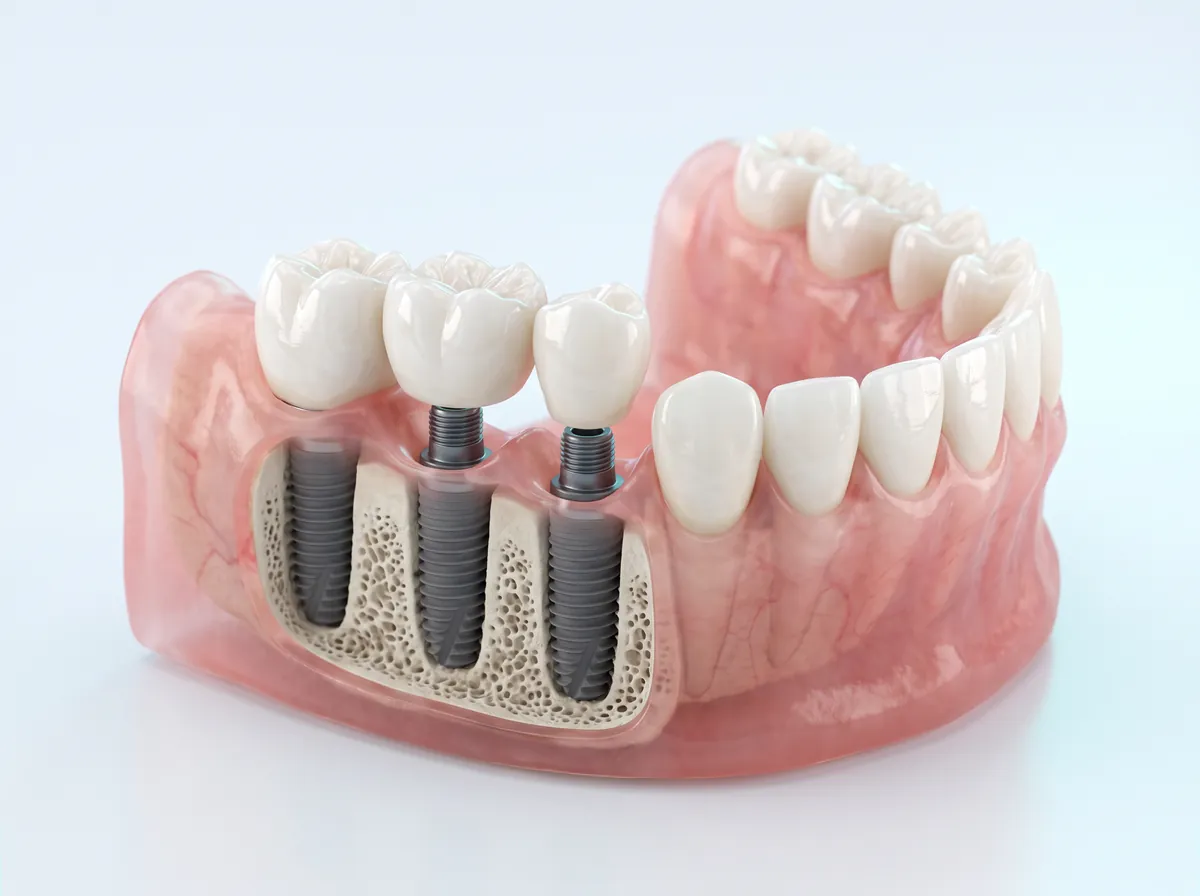 Ilustración 3D: implantes de titanio con coronas de zirconia